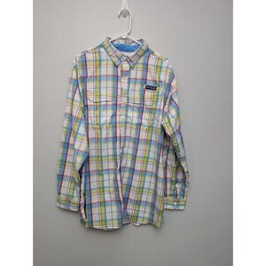 E5 Columbia Performance Fishing Gear PFG White Blue Button Down Shirt Size XL